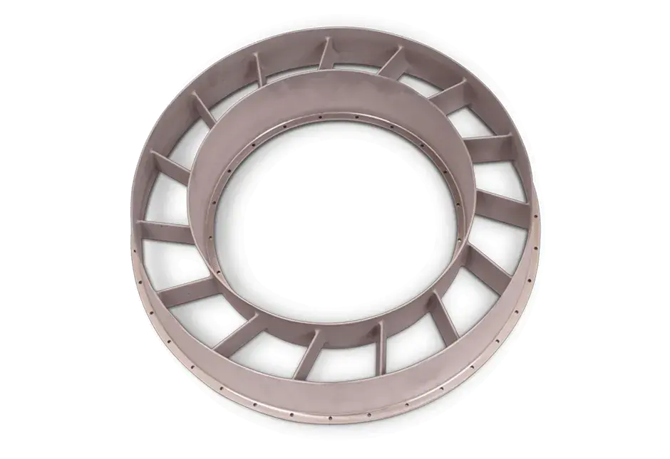 « Mini turbine à aubes arrière (TRV) produite en une seule pièce sur l'imprimante DMP Factory 500 avec le matériau LaserForm®Ni718 (A).  »