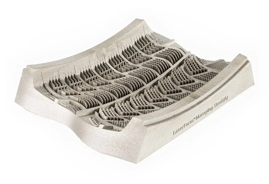 Segment de moule de pneu imprimé avec LaserForm Maraging Steel (A) - impression fiable de parois étroites, de rainures difficiles et d'orifices d'aération Euro