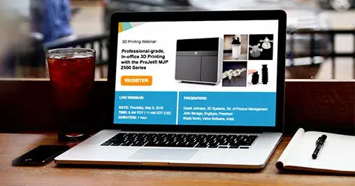 un ordinateur portable avec les informations d'un webinaire de 3D Systems