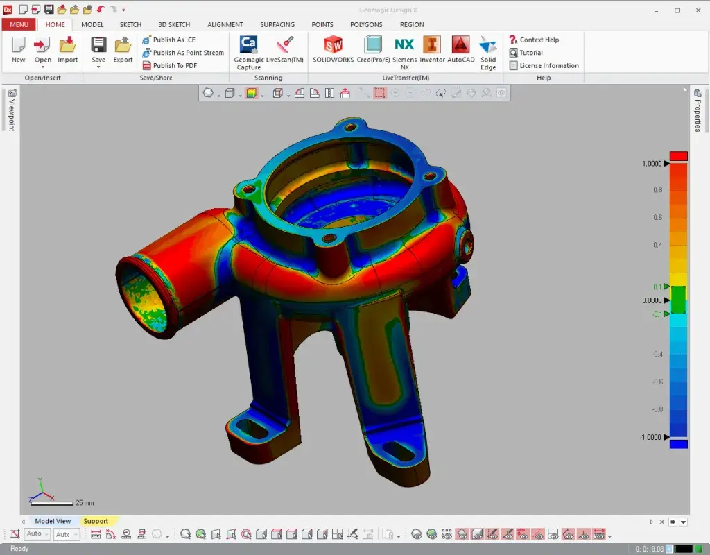 Comparaison du modèle CAO de la pompe à eau aux données de numérisation dans Geomagic Design X