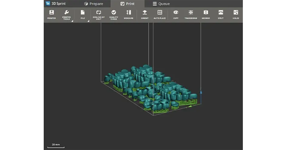 capture d'écran d'un bac d'impression 3D Sprint rempli de pièces dentaires