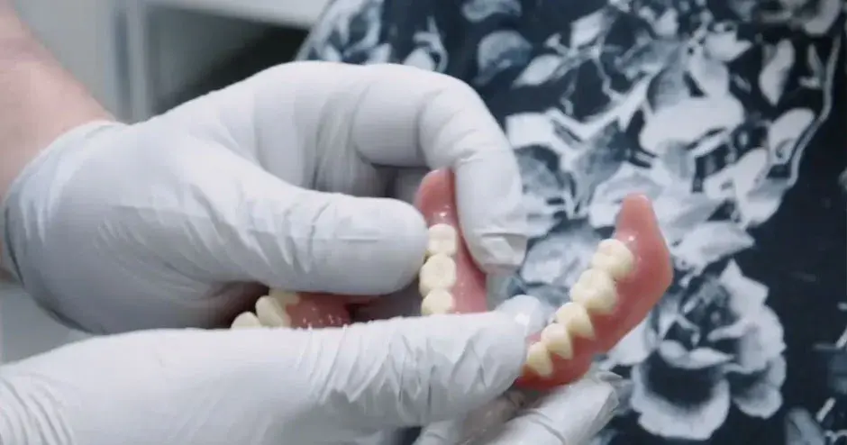 Dentiste remettant de nouvelles prothèses dentaires à un client