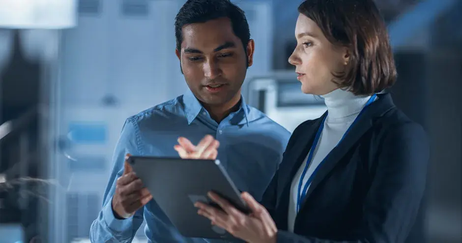 2 personnes parlant et travaillant sur une tablette