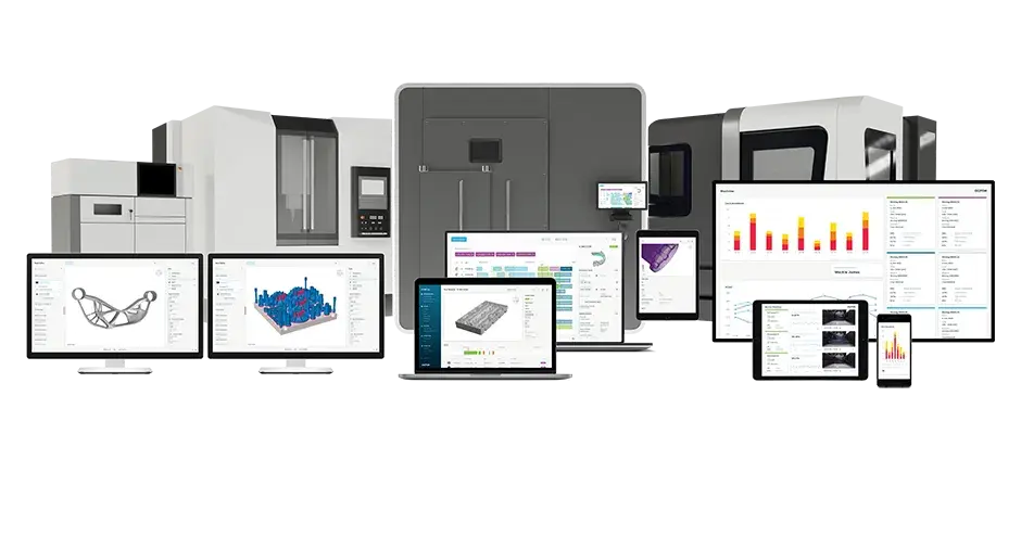 une rangée d'ordinateurs de bureau avec un assortiment de vues du logiciel Oqton