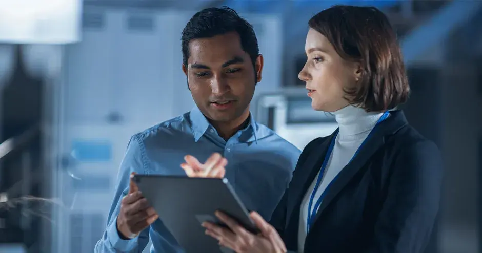 2 personnes collaborant sur une tablette dans un environnement industriel