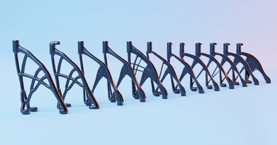 une rangée de pièces imprimées en 3D illustrant différentes conceptions techniques et impressions personnalisées