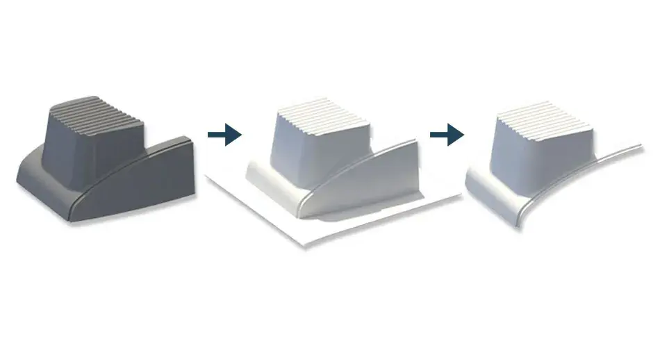 Un moule de fabrication additive utilisé pour former sous vide les volumes intermédiaires d'un couvercle de pare-chocs de train imprimé dans Titan Atlas 3.6 avec des granulés de PC-GF10.