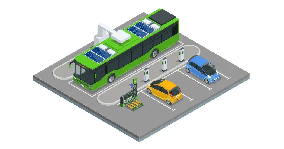 Un autobus électrique en train d'utiliser une station de recharge automatique par le haut. 