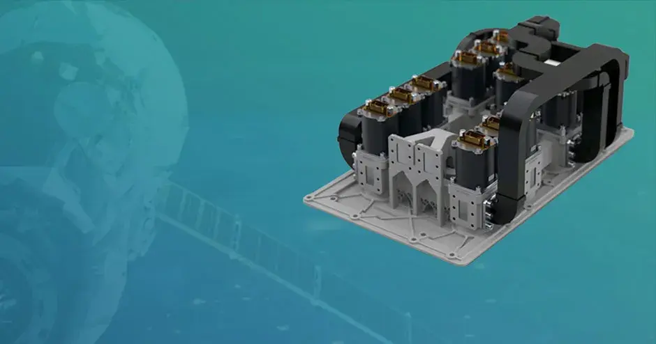 Pièce d’un satellite avec un arrière-plan bleu et turquoise