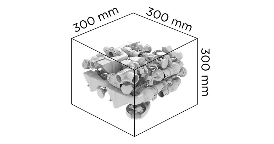 Un graphique montrant le volume de fabrication de l'imprimante SLS 300