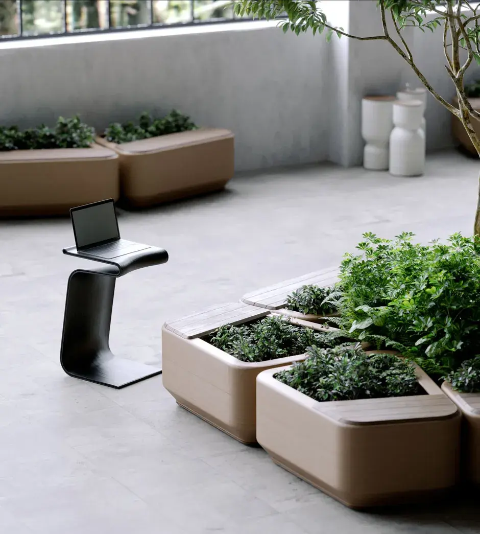 Un banc imprimé en 3D servant aussi de jardinières