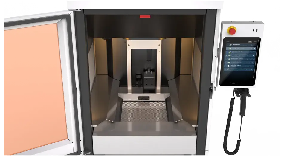 Imprimante 3D PSLA 270 ouverte montrant l'interface utilisateur du logiciel
