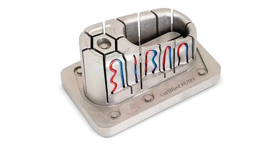 Une aération à insert de moule avec outillage DMP de refroidissement conforme, fabriquée avec le M789 (A) certifié