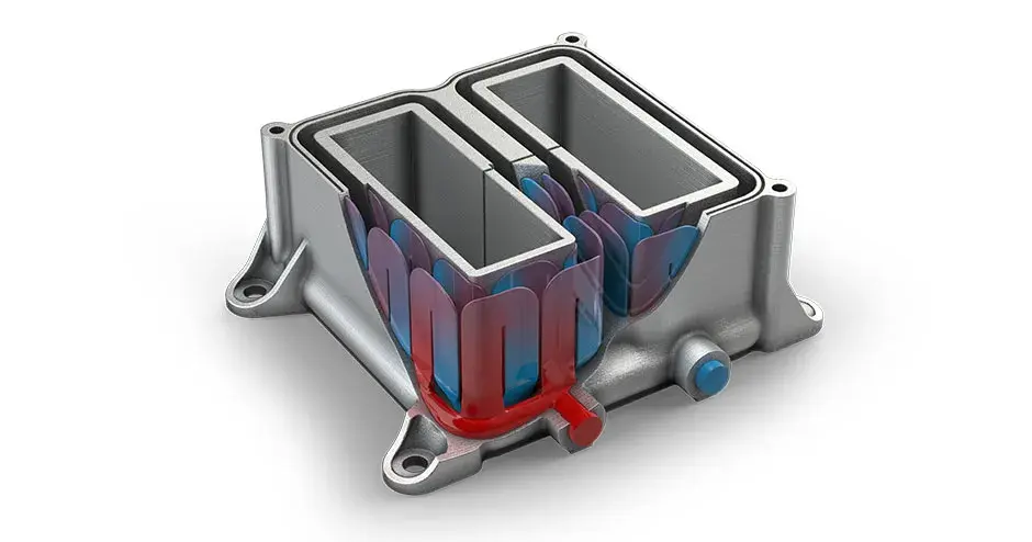 Coupe d'un refroidisseur de platine linéaire pour semi-conducteurs avec fluide indiquant la chaleur et le refroidissement